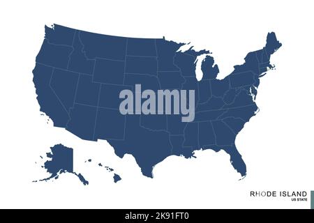Staat Rhode Island auf der blauen Karte der Vereinigten Staaten von Amerika. Flagge und Karte von Rhode Island. Vektorgrafik. Stock Vektor