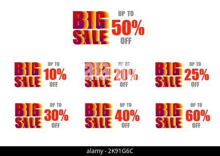 Farbenfrohe Sonderangebote bis zu 10, 20, 25, 30, 40, Sonderangebot zum Jahresende von 50 und 60 % auf weißem Hintergrund Stock Vektor