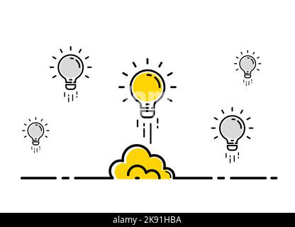 Glühbirne Idee Einblick Raketenstart Konzept Hintergrund. Glühbirne Vektor Design Cartoon einzigartige kreative Idee. Stock Vektor