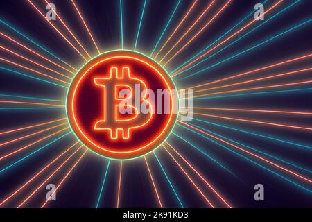 Eine Abbildung eines Bitcoins, umgeben von hellen LED-Lichtern, die auf einem dunklen Hintergrund isoliert sind Stockfoto