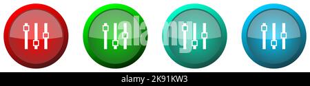 Slider rund glänzend Web-Symbol-Set, bunte Tasten auf weißem Hintergrund isoliert Stockfoto