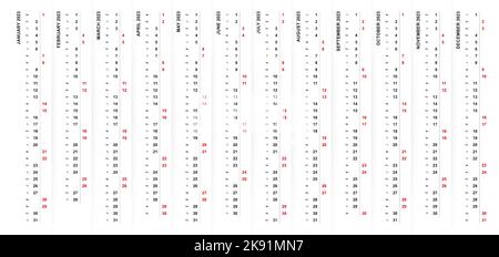 2023 vertikales Kalenderdesign, Samstag und Sonntag in verschiedenen Farben und Reihen ausgewählt. Vektorvorlage. Stock Vektor