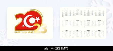 Horizontaler Taschenkalender 2023 in türkischer Sprache. Neujahrs-Ikone 2023 mit Flagge der Türkei. Vektorkalender. Stock Vektor