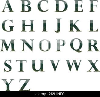 Alphabet der Naturszene. Neblige englische Landschaftsbuchstaben. Vektordarstellung auf weißem Hintergrund im flachen Vektorstil isoliert Stock Vektor