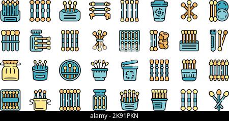 Symbole für Wattestäbchen aus Holz setzen einen Umrissvektor. Ohrenbad. Wattestäbchen flach isoliert Stock Vektor