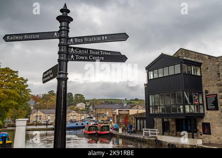 Ein Touristenschild, das im Oktober 2022 vor dem Skipton-Kanalbecken in Yorkshire abgebildet wurde. Stockfoto