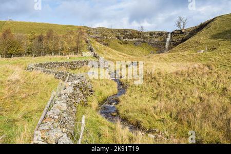 Der obere Wasserfall von Wharfedale vergießt Wasser in einen Bach im Wharfedale Valley in den Yorkshire Dales. Stockfoto