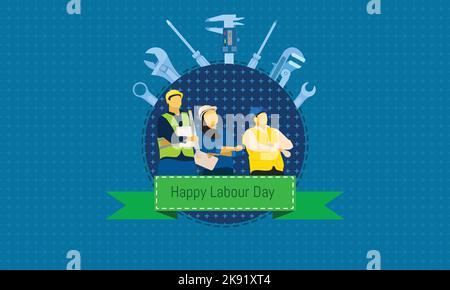 Ein Vektor von Ingenieuren, der die Werkzeuge mit einem editierbaren Text von „Happy labour Day“ betrachtet Stock Vektor