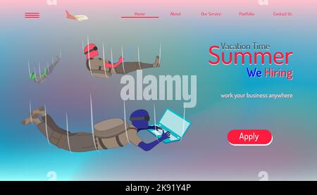Ein Vektor einer Landing-Page-Website-Vorlage mit schwimmenden Männern, die am Laptop arbeiten Stock Vektor