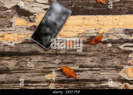 Ein neues Telefon in einem transparenten Gehäuse liegt auf einem alten Tisch mit herbstlichen Blättern. Stockfoto