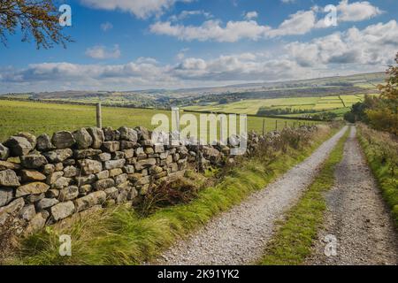 Haworth und Hebden Bridge sind die beiden beliebtesten Wanderzentren in den South Pennines. Zwischen ihnen befindet sich ein schönes Gebiet von Mooren, Feldern, Tälern und Re Stockfoto