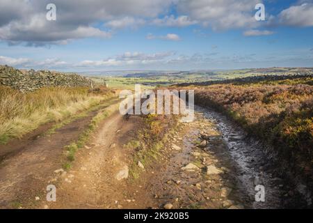 Haworth und Hebden Bridge sind die beiden beliebtesten Wanderzentren in den South Pennines. Zwischen ihnen befindet sich ein schönes Gebiet von Mooren, Feldern, Tälern und Re Stockfoto