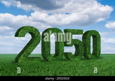 Zahlen 2050 aus Gras. Ein Symbol für nachhaltige Entwicklung und den vollständigen Übergang zu erneuerbaren Energien bis zum Jahr 2050. Stockfoto