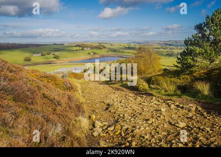 Haworth und Hebden Bridge sind die beiden beliebtesten Wanderzentren in den South Pennines. Zwischen ihnen befindet sich ein schönes Gebiet von Mooren, Feldern, Tälern und Re Stockfoto