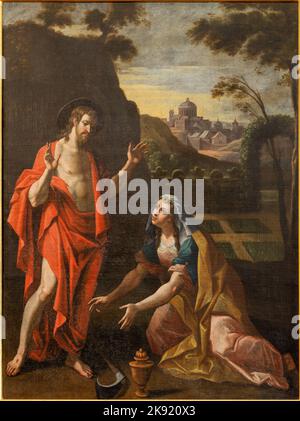 CHAMONIX, FRANKREICH - 5. JULI 2022: Das Gemälde Jesus erscheint Maria Magdalena in der Kirche St. Michael von einem unbekannten Künstler des 17. Jahrhunderts. Stockfoto