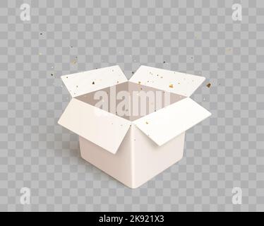 Offene Geschenkbox mit Konfetti Explosion isoliert platzen. 3d-Vektorhintergrund. Stock Vektor
