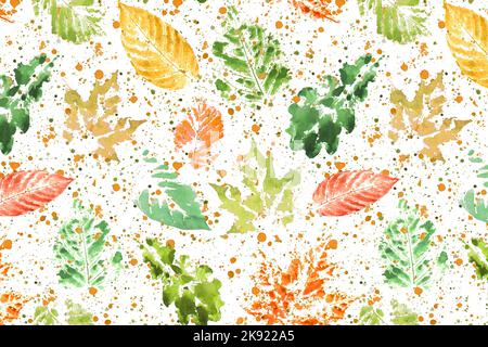 Abstrakte Herbst Danksagungsblatt Aquarell Spuren horizontalen Hintergrund. Zarte bunte Aquarell Blätter Ornament auf weißem Hintergrund. Stockfoto