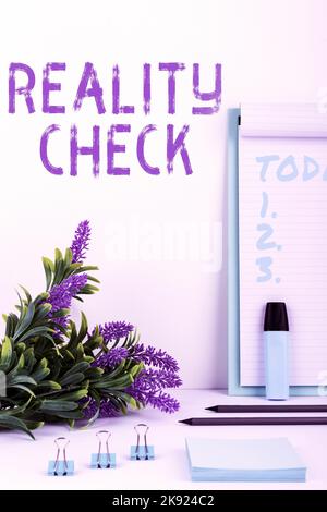 Schild mit Reality Check. Konzeptuelles Foto, das die Person den tatsächlichen Zustand der Situation erkennen lässt Stockfoto