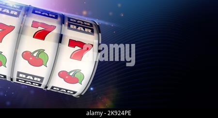 Illustriertes Casino-Spielautomat-Banner mit dunkelblauem Hintergrund. Freier Kopierplatz auf der rechten Seite. Lucky Seven, Cherry und Bar Symbole. Siegerrunde. Ga Stockfoto