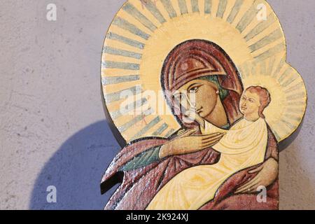 Vierge à l’Enfant. Icône. Eglise Notre-Dame de la Gorge. Les Contamines-Montjoie. Haute-Savoie. Auvergne-Rhône-Alpes. Frankreich. Europa. Stockfoto