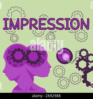 Inspiration, die einen Eindruck von Zeichen vermittelt. Überblick über das Unternehmen eine Idee und ein Gefühl oder eine Meinung über etwas oder jemanden Stockfoto