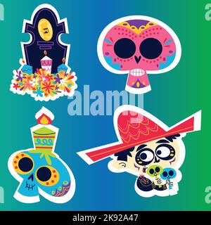 Retro Cartoon Dia de los muertos Aufkleber Set Vektor Design Illustration Stock Vektor