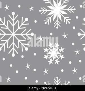 Vektormuster Schneeflocke. Graues, nahtloses Schneeflocken-Muster. Weihnachtsbanner mit Schnee-Elementen. Eiskalte Symbole. Papier basteln. Weihnachtsverpackung Stock Vektor