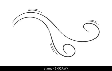 Symbol für geschwungene Strudel im Doodle-Stil. Von Hand gezogener Luftstrom oder Windstoß. Böe, Rauch, Staub auf weißem Hintergrund isoliert. Vektordarstellung Stock Vektor