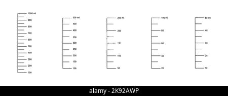 Waagenset mit 1 l, 500, 250, 100 und 50 ml Flüssigkeitsvolumen zum Messen von Tassen oder Kannen zur Zubereitung des Garvorgangs. Vektordarstellung. Stock Vektor