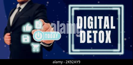 Konzeptunterschrift Digital Detox. Wort zum Verbot der Verwendung elektronischer und digitaler Geräte Stockfoto