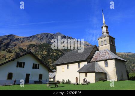 Eglise de la Sante-Trinité. Les Contamines-Montjoie. Haute-Savoie. Auvergne-Rhône-Alpes. Frankreich. Europa. Stockfoto