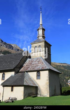 Eglise de la Sante-Trinité. Les Contamines-Montjoie. Haute-Savoie. Auvergne-Rhône-Alpes. Frankreich. Europa. Stockfoto