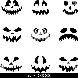 Sammlung von Halloween Kürbisse flache Gesichter Silhouetten. Monochrome Symbole auf weißem Hintergrund eingestellt. Schablone mit einer Vielzahl von Augen, Zähnen und Nasen für Stock Vektor