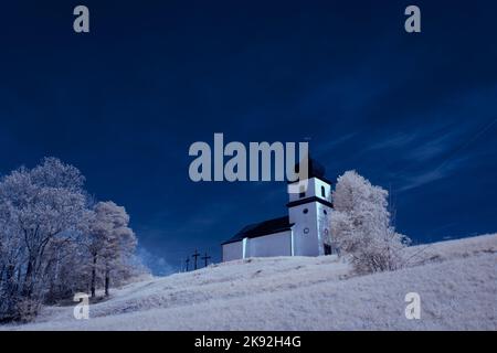 Infrarot-Landschaft mit 720 nm, strahlend weißer Vegetation, surrealen Wäldern und sanften Hügeln in Falschfarbenfotografie, traumhafte Naturszene Stockfoto