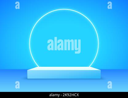 Produkt Podium Hintergrund 3D Display-Stand Neon Kreis Raum. Podium-Produktszene mit blauem Hintergrund anzeigen. Stock Vektor
