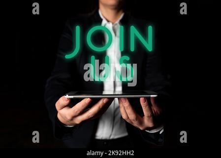 Inspiration zeigt Zeichen Begleiten Sie uns. Konzept Bedeutung in der Community registrieren Team oder Blog Melden Sie sich bei Social Media an Stockfoto