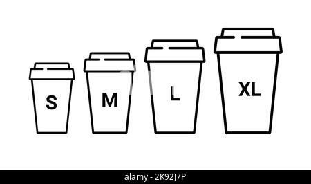 Symbol für die Plastikgröße der Kaffeetasse. Große kleine zum Mitnehmen Kaffeetasse Vektor Linie Symbol Abbildung Größen Konzept. Stock Vektor