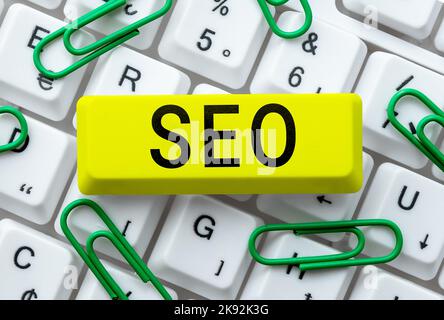Konzeptionelle Bildunterschrift Seo. Wort geschrieben über Suchmaschinen-Optimierung Steigerung der Qualität und Quantität des Verkehrs Stockfoto