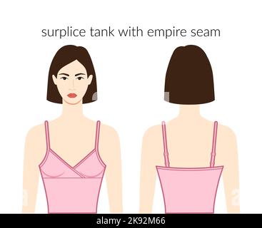 Surplice Tank mit Empire-Naht Ausschnitt Kleidung Charakter schöne Dame in rosa Top, Hemd, Kleid technische Mode Illustration. Flache Bekleidungsvorlage vorne, hinten. Frauen, Männer Unisex-CAD-Modell Stock Vektor