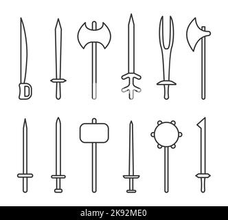 Schwert schwarz Waffe Umriss vintage Symbol-Set. Militär linear isoliert Karikatur-Zeichen. Beil im antiken militärischen Design. War altes Symbol scharfe Klinge alt. Beil mit langem Griff. Knight Metal Muse Geschichte Stock Vektor