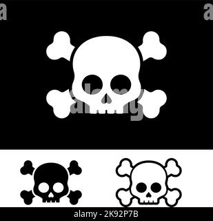 Schwarz-Weiß-Silhouetten von Schädel und Knochen. Jolly Roger Icons. Todeswarnung, Giftsymbole oder Glyphen-Piktogramme auf weißem Hintergrund Stock Vektor