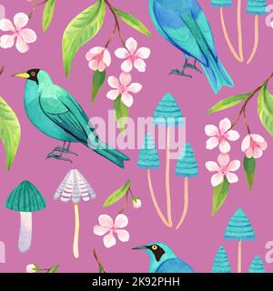 Aquarell-Nahtloses Muster mit bunten türkisfarbenen Vögeln, Pilzen und Blumen. Federleichte Textur. Stockfoto