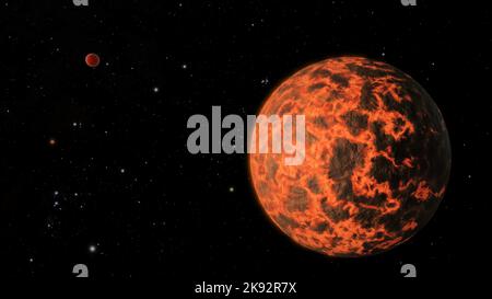 18. Juli 2012 - USA - die Animation des Künstlers zeigt eine Star Trek-ähnliche Reise nach GJ 436, die mit einem Vorbeiflug von UCF-1,01 abgeschlossen wurde. Astronomen haben mit dem Spitzer-Weltraumteleskop der NASA entdeckt, was ihrer Meinung nach eine außerirdische Welt ist, die nur zwei Drittel der Größe der Erde ist, die zu den kleinsten der Aufzeichnungen zählt. Der Exoplanet-Kandidat, bekannt als UCF-1,01, umkreist einen Stern namens GJ 436, der nur 33 Lichtjahre entfernt liegt. UCF-1,01 könnte die nächste Welt zu unserem Sonnensystem sein, das kleiner als unser Heimatplanet ist. Obwohl es wahrscheinlich felsig wie die Erde ist, wäre UCF-1,01 ein schrecklicher Ort für das Leben. T Stockfoto
