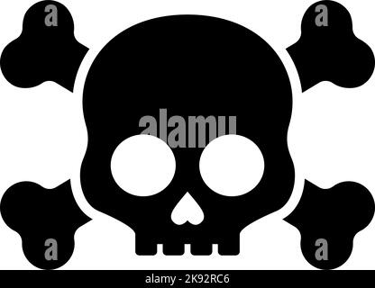 Schwarze Silhouette von Schädel und Knochen. Jolly Roger-Symbol. Giftsymbol, Glyphen-Piktogramm auf weißem Hintergrund Stock Vektor