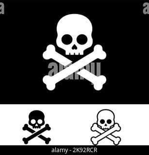 Schwarz-Weiß-Silhouetten von Schädel und Knochen. Jolly Roger Icons. Todeswarnung, Schädel- und Kreuzknochen-Symbol, Giftsymbole oder Glyphen-Piktogramme Stock Vektor