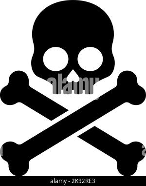 Schwarze Silhouette von Schädel und Knochen. Jolly Roger-Symbol. Schädel- und Kreuzknochen-Symbol, Gift-Symbol oder Glyphen-Piktogramm auf weißem Hintergrund Stock Vektor