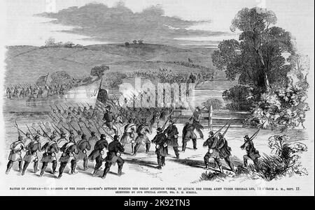 Schlacht von Antietam - die Eröffnung des Kampfes - Division von General Joseph Hooker, die den großen Antietam Creek fordiert, um die Rebellenarmee unter General Robert E. Lee, 10 Uhr A. M., 17.. September 1862 anzugreifen. Illustration des amerikanischen Bürgerkriegs des 19.. Jahrhunderts aus Frank Leslie's Illustrated Newspaper Stockfoto