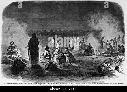 Die Bewohner von Louisville, Kentucky, hauptsächlich Frauen und Kinder, wurden in der Nacht vom 23.. September 1862 auf Anordnung des verstorbenen Generals William Nelson aus der Stadt vertrieben, der am Ufer des Ohio River zeltete. Illustration des amerikanischen Bürgerkriegs des 19.. Jahrhunderts aus Frank Leslie's Illustrated Newspaper Stockfoto