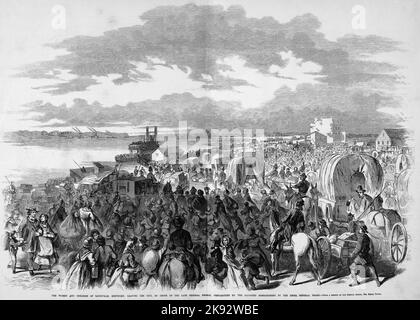 Die Frauen und Kinder von Louisville, Kentucky, verließen die Stadt auf Anordnung des verstorbenen Generals William Nelson, als sie sich auf die erwartete Bombardierung durch den Rebellgeneral Braxton Bragg vorbereiteten. September 1862. Illustration des amerikanischen Bürgerkriegs des 19.. Jahrhunderts aus Frank Leslie's Illustrated Newspaper Stockfoto