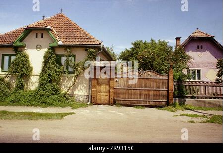 Alte traditionelle Häuser mit einem handgeschnitzten Holztor in Covasna County, Rumänien, ca. 2000 Stockfoto